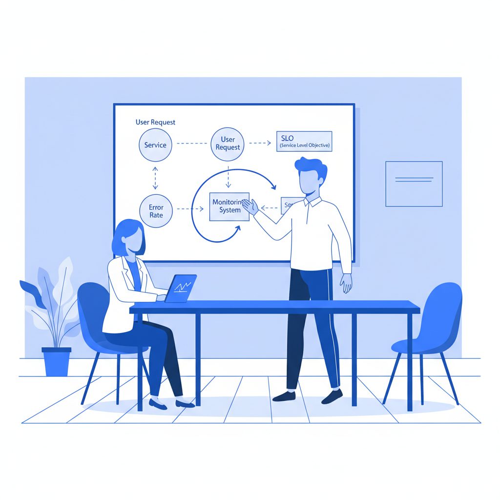 SRE technical interview scene, engineer explaining SLO diagram on whiteboard to interviewer, profess