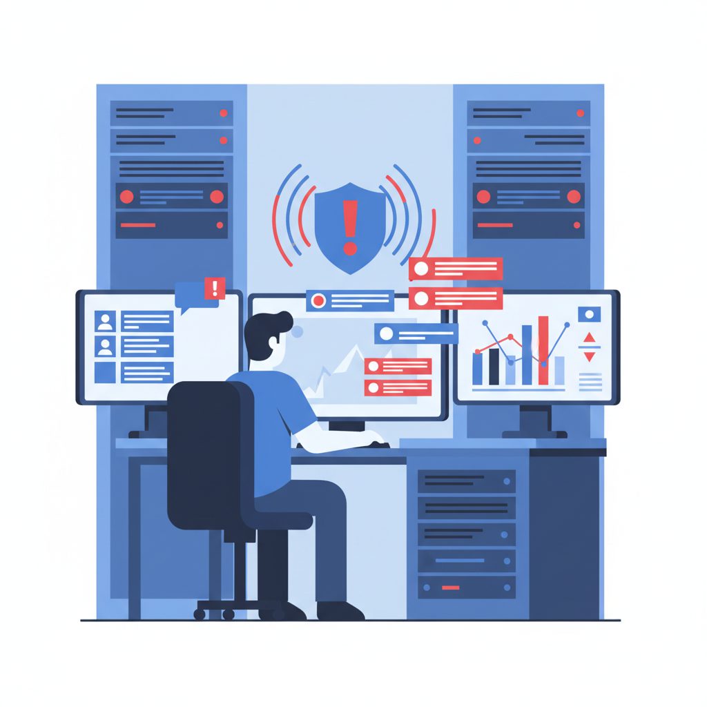 Incident response team illustration showing on-call engineer at monitoring dashboard with alert noti