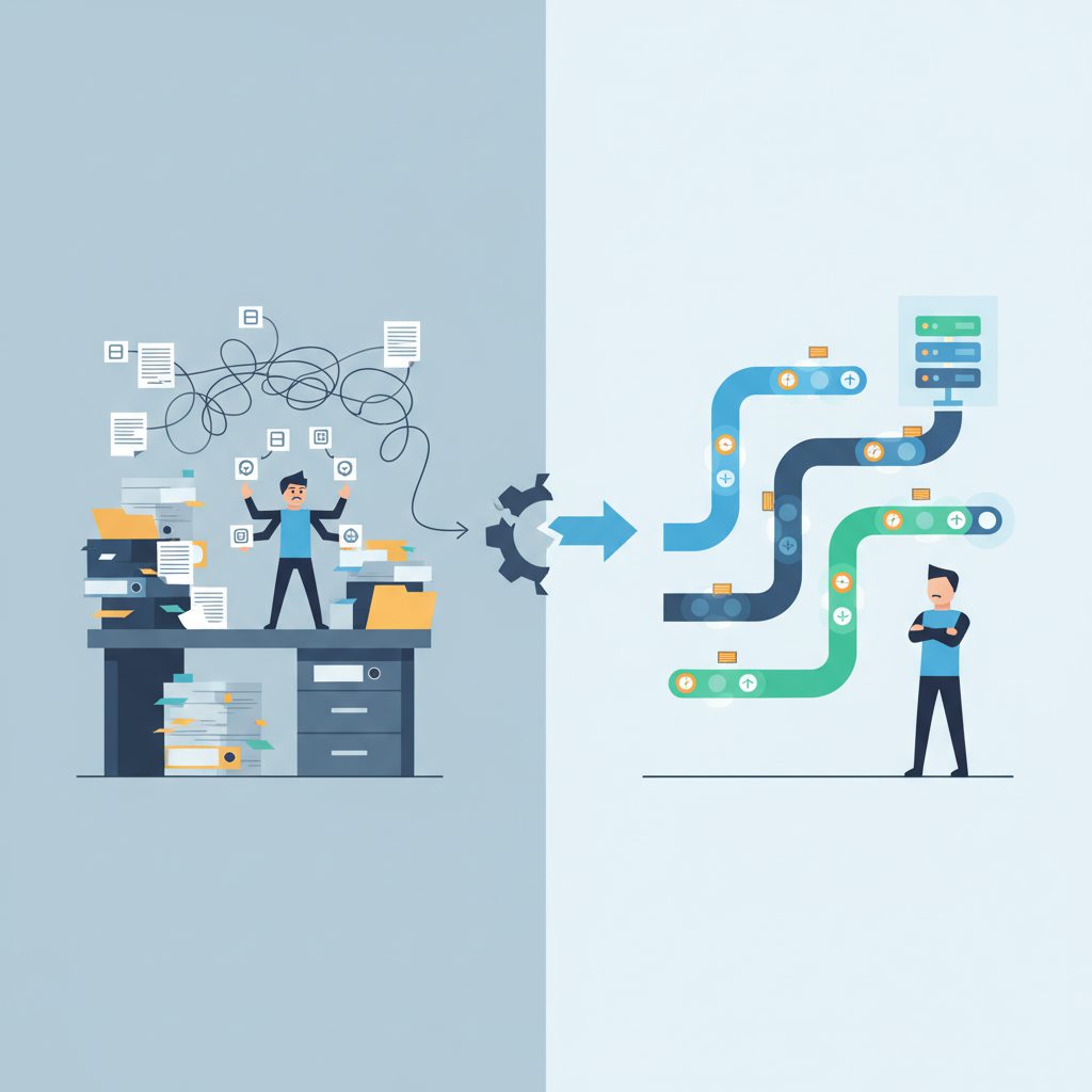 Repetitive manual tasks piling up on an engineer's desk vs automated pipeline running smoothly, cont