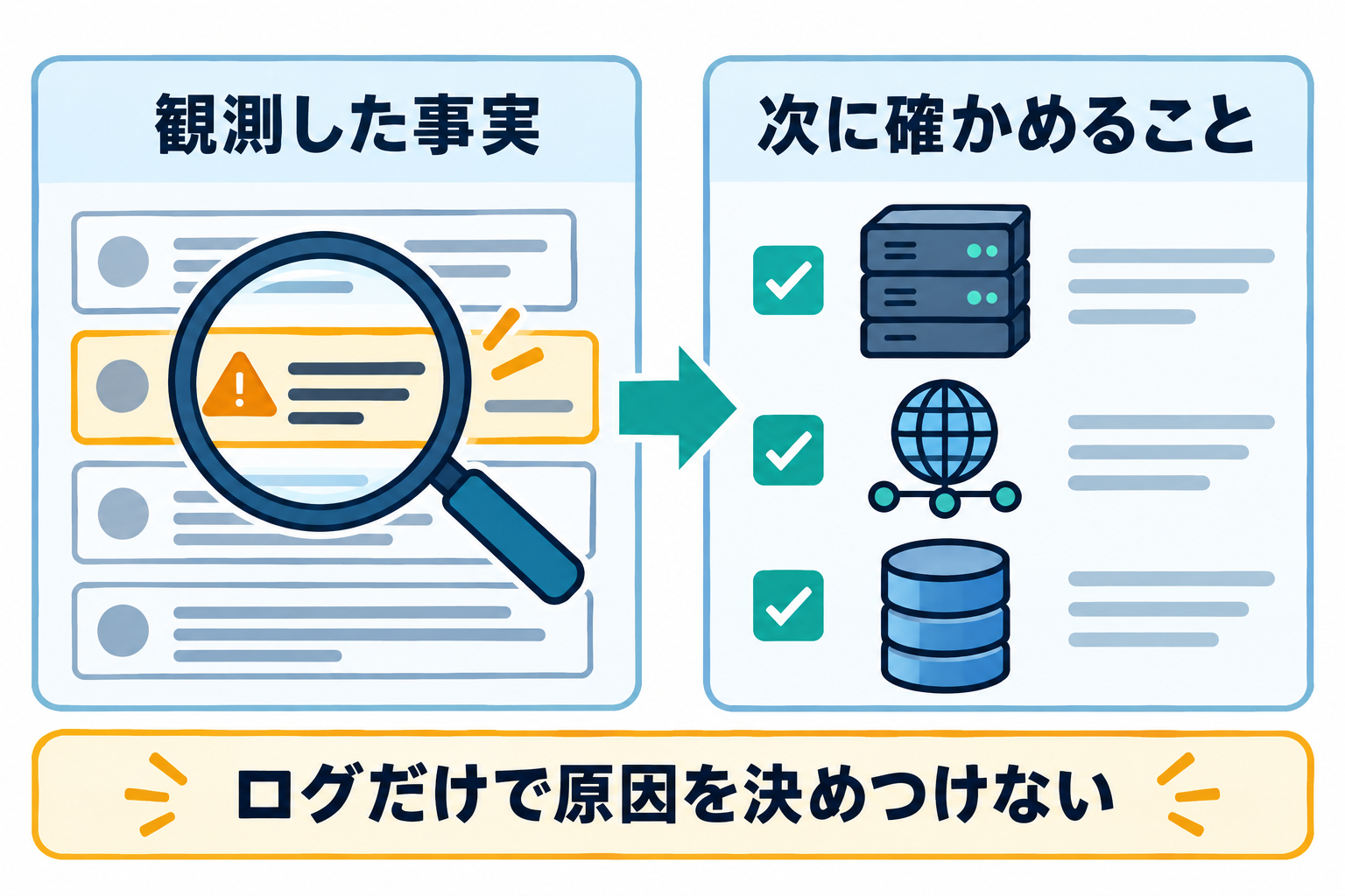 観測した事実と次に確かめることを分けて障害原因を調べる図